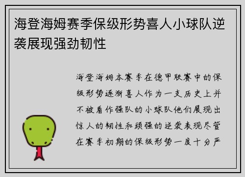 海登海姆赛季保级形势喜人小球队逆袭展现强劲韧性