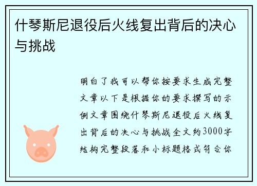 什琴斯尼退役后火线复出背后的决心与挑战